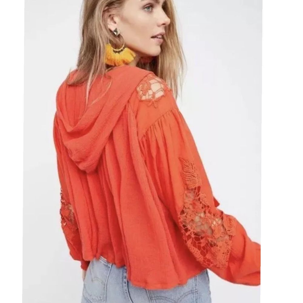 Free People Tropical Summer Orange Hooded Embroided Crochet Peasant Top Blouse